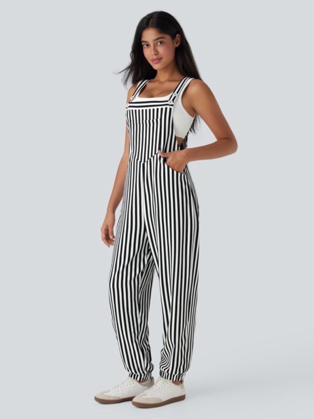 NWT Halara Waffle jogger Striped Black & White Overalls Jumpsuit